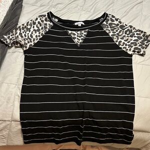 White Birch Black Striped Top with Leopard Sleeves
